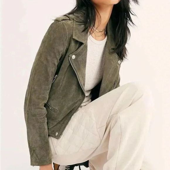 Blank NYC Free People Green Suede Moto Jacket 100% Leather Boho Womens Coat XS - Picture 1 of 16